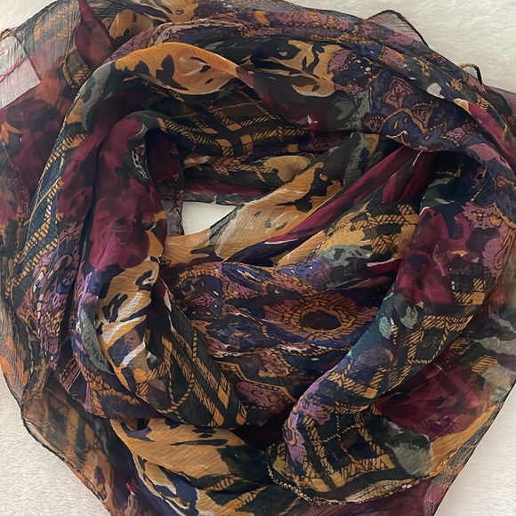 Lightweight scarf in golds, brown, black and burgundy, nylon/rayon, ~44” square - Picture 2 of 6